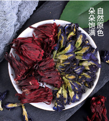 Diedouhua Flower Tea 30g+Roselle Flowers 40g, Herbal Tea - Vegan - GMO Free Roselle Flowers Tea Diedouhua Flower冻干蝶豆花 洛神花组合茶70g