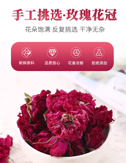 Natural 1.05oz Flower Tea Red Rose Tea Yunnan Large Freeze-dried Rose Crown Infusion 30g/can Herbal Tea 重瓣墨红玫瑰花茶云南大朵冻干玫瑰花冠泡水养颜