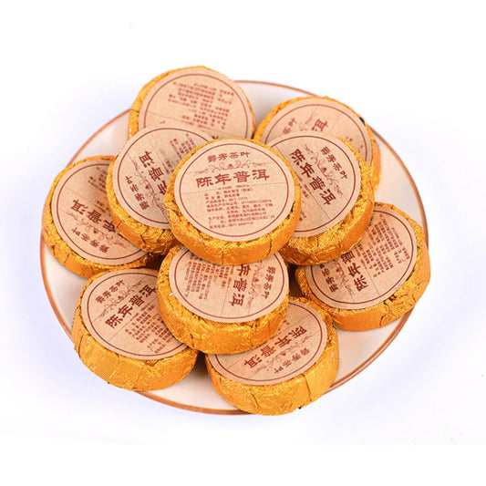 Premium Glutinous Fragrance Small Round Cake Menghai Ripe Tea 500g Healthy and Delicious Black Tea 糯香小圆饼勐海熟茶配糯米香叶口感醇厚软糯