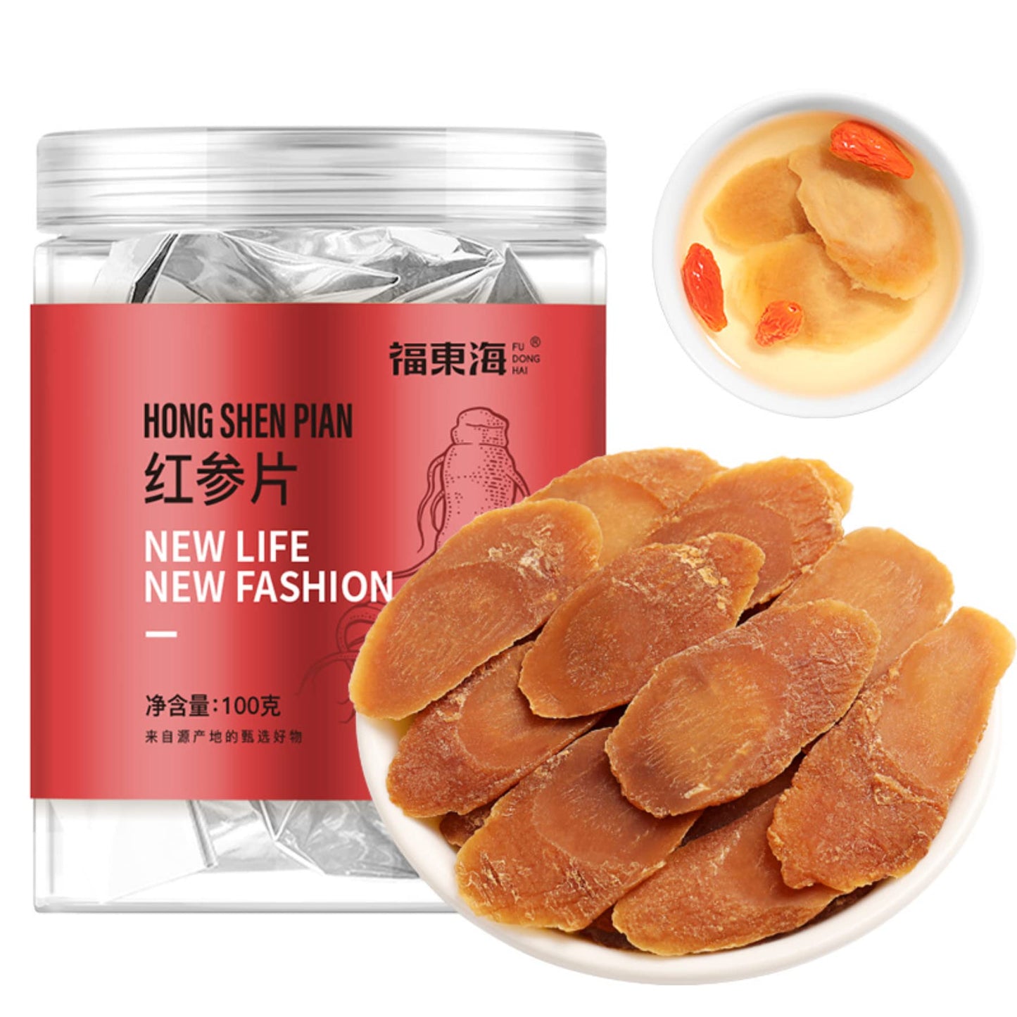 Natural Herbal Tea Fudonghai Red Ginseng Slices 3.52oz Large Red Ginseng Jilin Changbai Mountain 100g/can Red Ginseng Health 红参片无熏硫吉林长白山