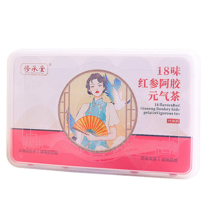 Chinese Herbal Tea Lily, Cinnamon, Rose, Wolfberry, Etc. 18 Kinds of Herbal Tea Combination Small Cans of Tea 450g (15gx30 Cans). 十八味红参阿胶元气茶 女神桂圆红枣网红小罐花茶