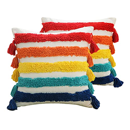 3D Ethnic Style Embroidered Pillowcase Pack of 2 Tufted Rainbow Pillow Covers Home Decor for Children's Room, Outdoor Party Throw Pillow Covers 18x18 Inch