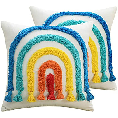 3D Ethnic Style Embroidered Pillowcase Pack of 2 Tufted Rainbow Pillow Covers Home Decor for Children's Room, Outdoor Party Throw Pillow Covers 18x18 Inch