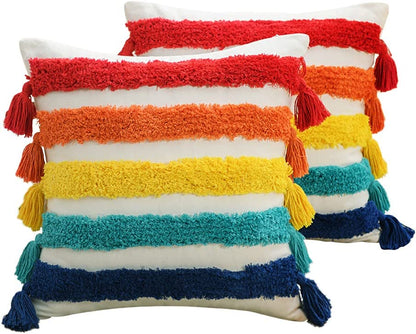 3D Ethnic Style Embroidered Pillowcase Pack of 2 Tufted Rainbow Pillow Covers Home Decor for Children's Room, Outdoor Party Throw Pillow Covers 18x18 Inch