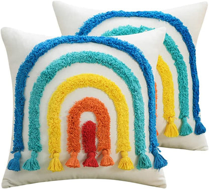 3D Ethnic Style Embroidered Pillowcase Pack of 2 Tufted Rainbow Pillow Covers Home Decor for Children's Room, Outdoor Party Throw Pillow Covers 18x18 Inch