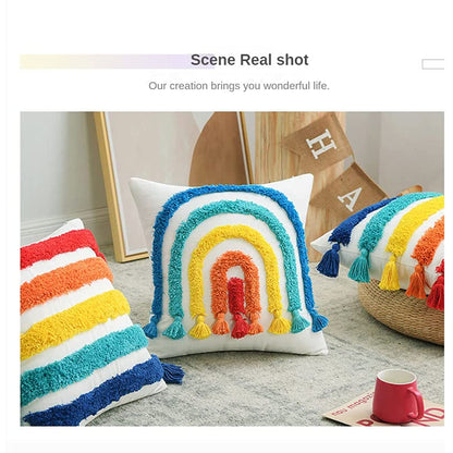 3D Ethnic Style Embroidered Pillowcase Pack of 2 Tufted Rainbow Pillow Covers Home Decor for Children's Room, Outdoor Party Throw Pillow Covers 18x18 Inch