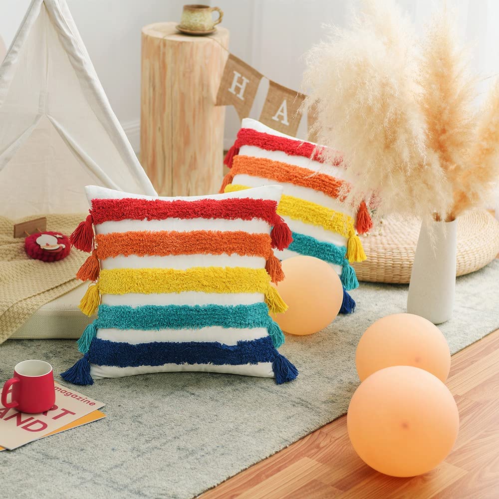 3D Ethnic Style Embroidered Pillowcase Pack of 2 Tufted Rainbow Pillow Covers Home Decor for Children's Room, Outdoor Party Throw Pillow Covers 18x18 Inch