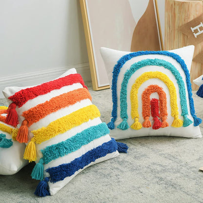 3D Ethnic Style Embroidered Pillowcase Pack of 2 Tufted Rainbow Pillow Covers Home Decor for Children's Room, Outdoor Party Throw Pillow Covers 18x18 Inch